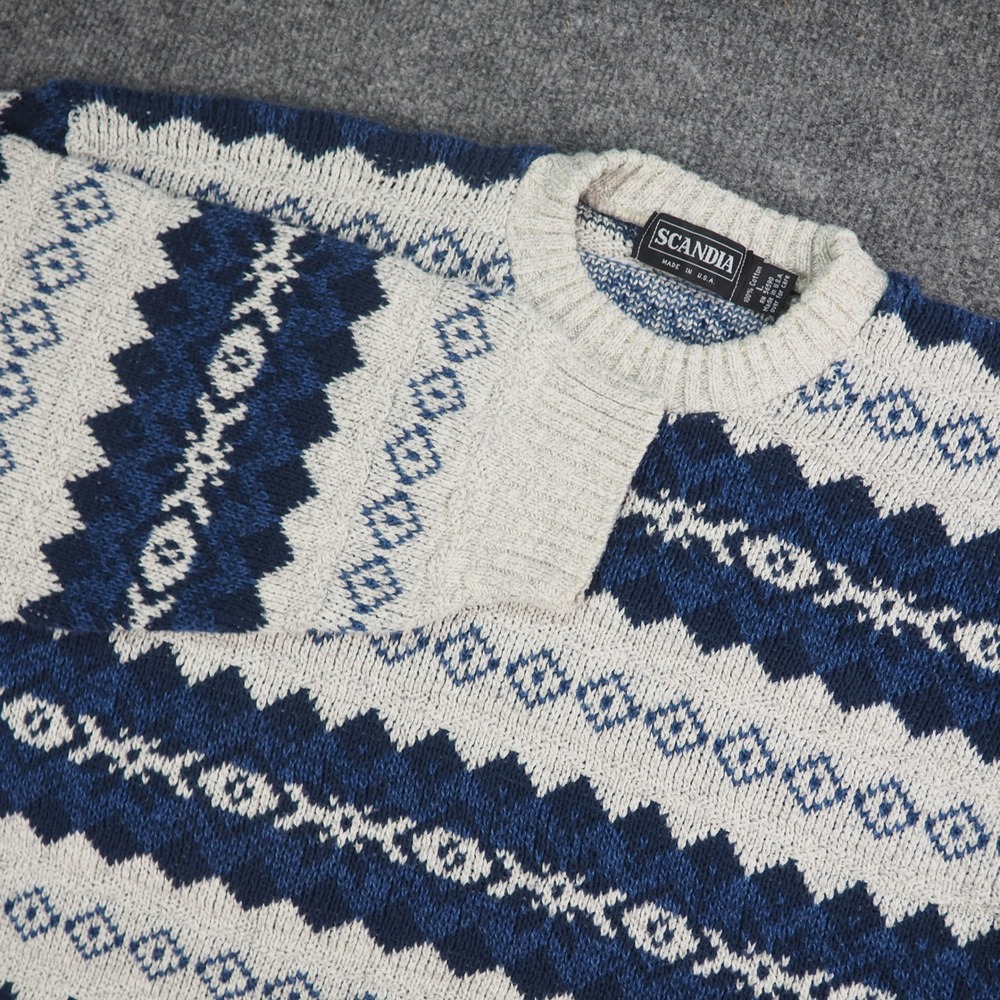 Scandia Sweater Mens Large Crewneck Blue White Fair Isle Cotton Grandpa Core USA